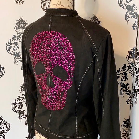 🍀 NWT! Faux Suede Bling Leopard Skull Jacket! - Picture 3 of 11